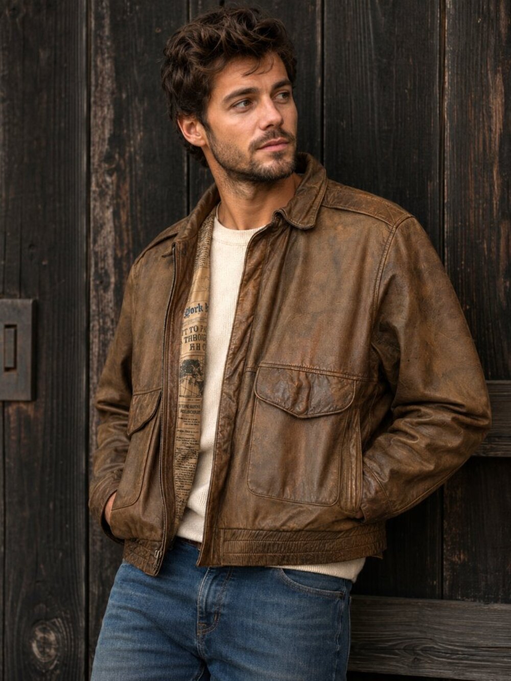 Club International Leather Bomber Jacket Brown Distressed Flight Jacket LG